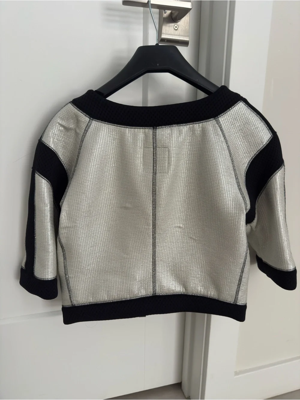 Chanel 07P Silver Metallic Black Cropped Zip Jacket - Mesh Trim Jacket